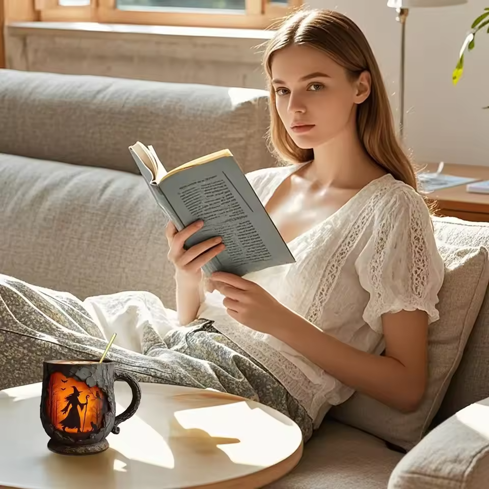 كوب هالوين ثلاثي الأبعاد مصنوع يدويًا – تصميم ساحرة وقط