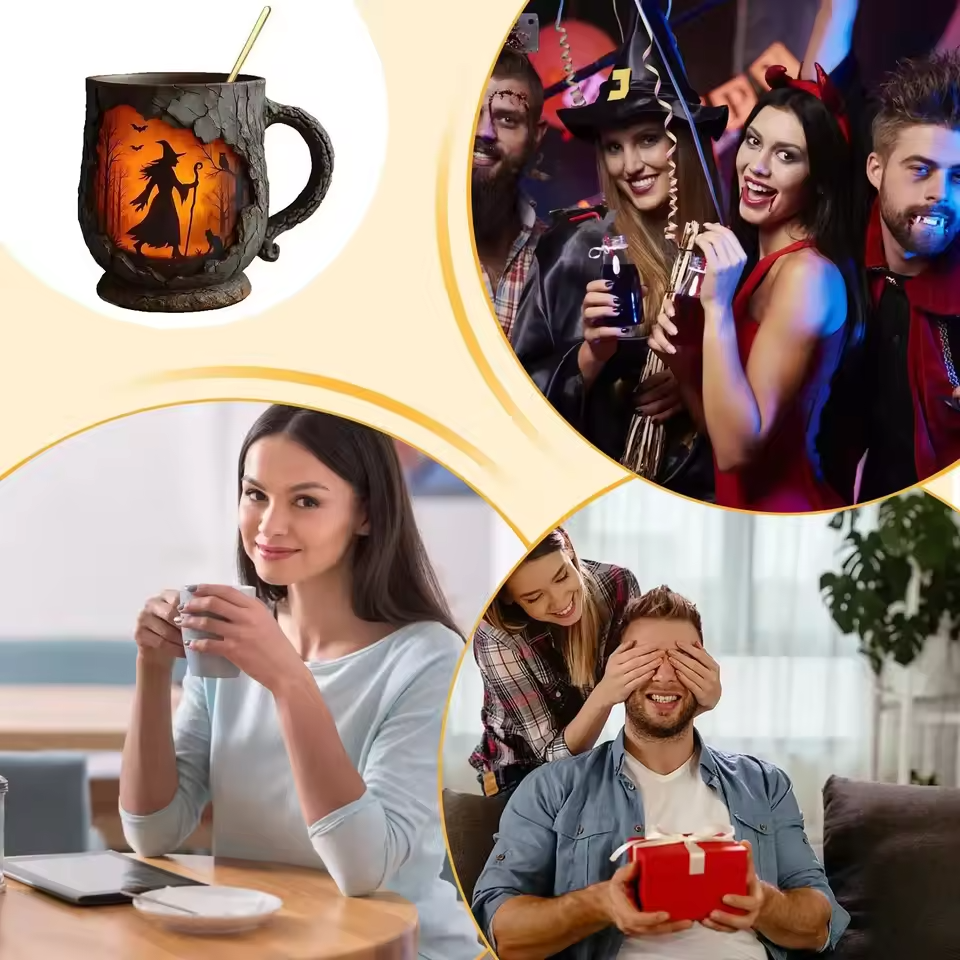 كوب هالوين ثلاثي الأبعاد مصنوع يدويًا – تصميم ساحرة وقط