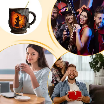كوب هالوين ثلاثي الأبعاد مصنوع يدويًا – تصميم ساحرة وقط