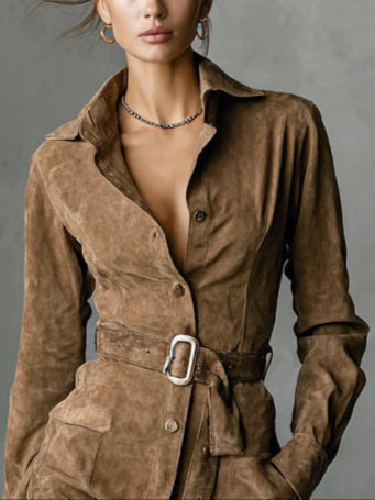 كارينا® | فستان ميدي بكم طويل من جلد السويد