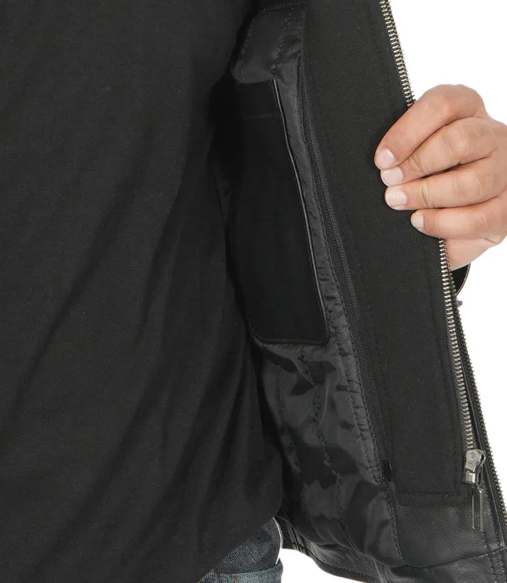 أفين® | جاكيت جلد أسود بغطاء للرأس للرجال