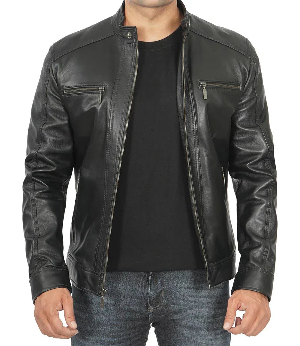 أفين® | جاكيت جلد أسود بغطاء للرأس للرجال